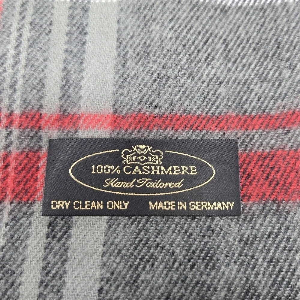 100% CASHMERE GREY RED BLACK PLAID LONG SCARF FRINGE ENDS UNISEX OS GERMANY LUX